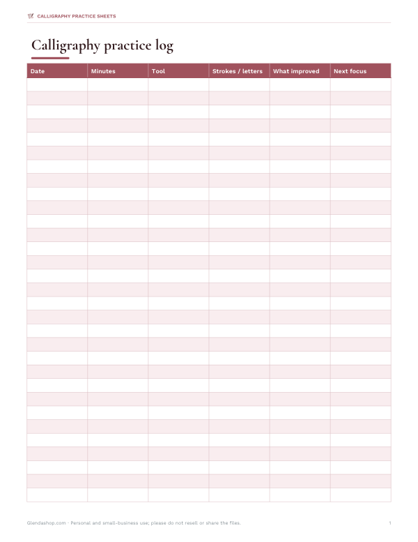 Preview of Printable Calligraphy Practice Log